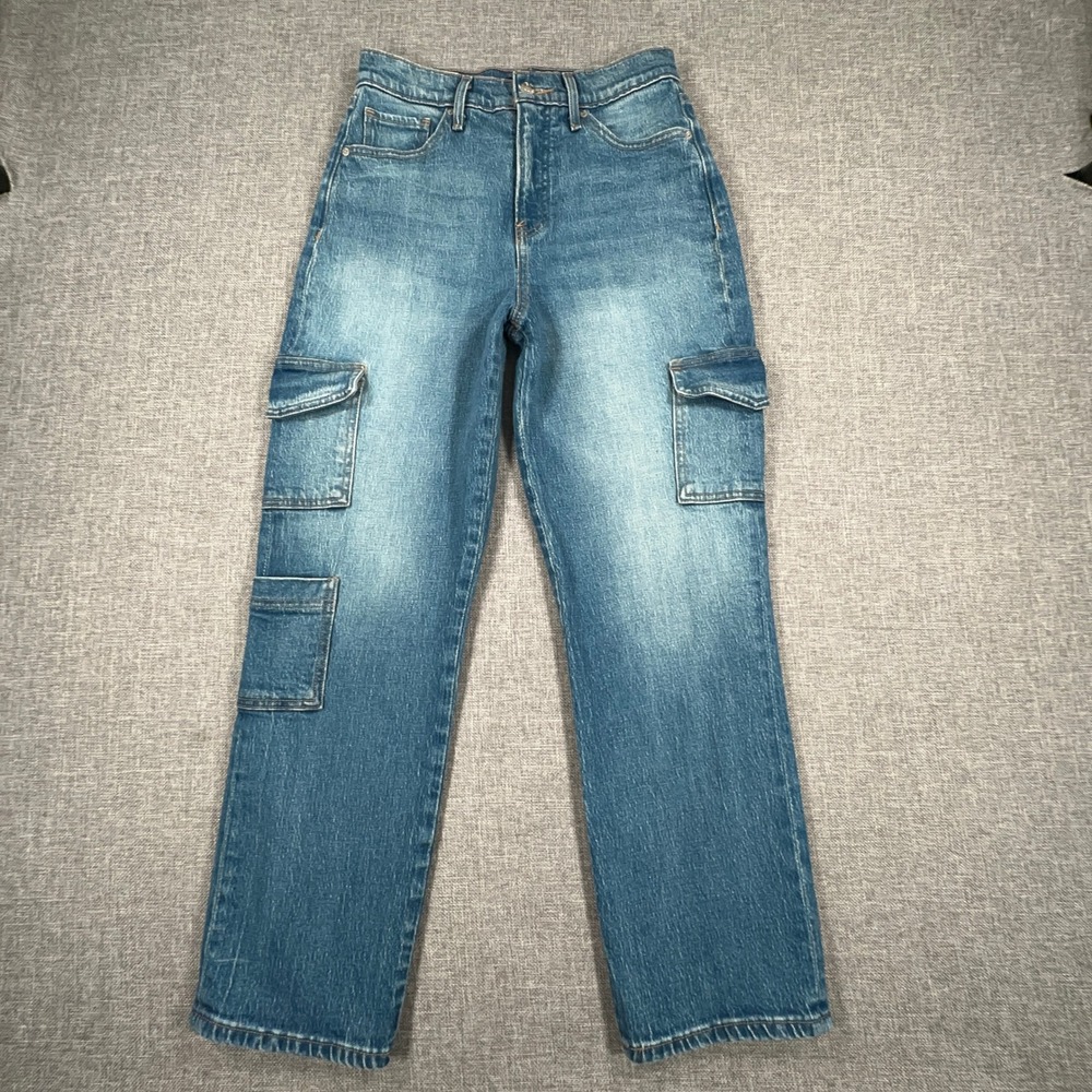Vintage Y2K Express Straight Ankle Cargo Jeans Womens 2R Blue High Rise Utility